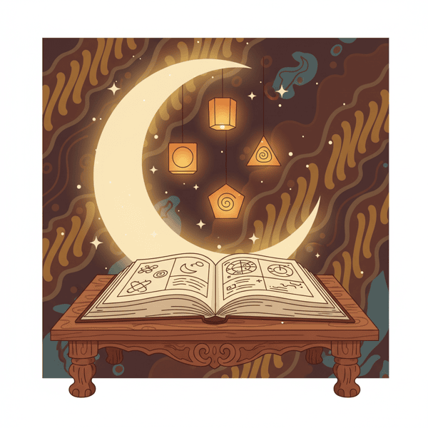 Ilustrasi Weton Jawa: primbon, bulan sabit, dan lima lampion pasaran